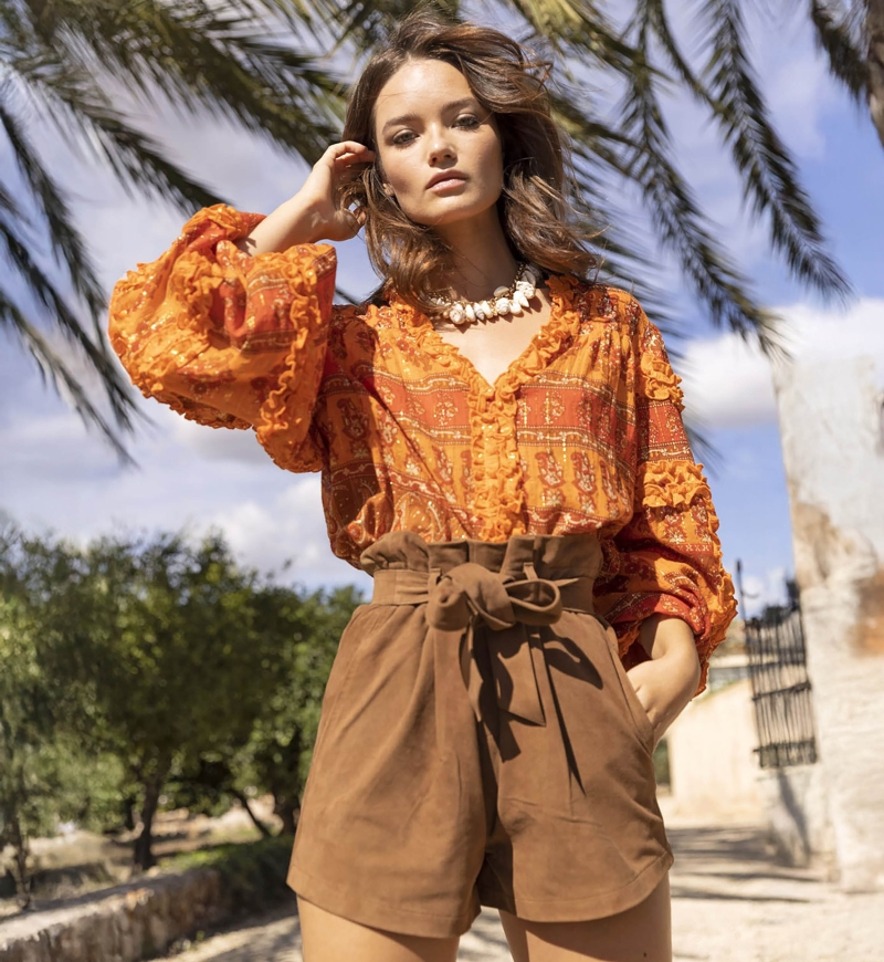 Glossy Bluse - Orange - Goldener Lurex - Lange Puffärmel - Boho - Miss June Paris - 2