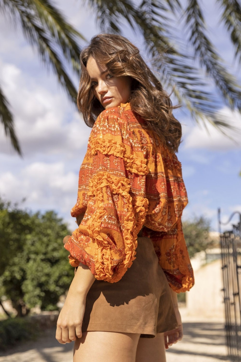 Blusa Glossy - Arancione - Lurex Dorato - Maniche Lunghe a Palloncino - Bohémien - Miss June Paris - 4