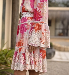 Positano Short Dress - White - Pink and Red Floral Print - Bohemian Style - Long Sleeves - Miss June Paris - 3