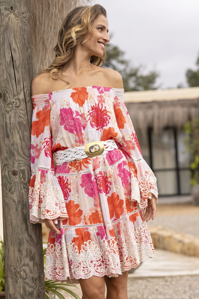 Kurzes Kleid Positano - Weiß - Rosa und Rotes Blumenmuster - Boho-Stil - Lange Ärmel - Miss June Paris - 2