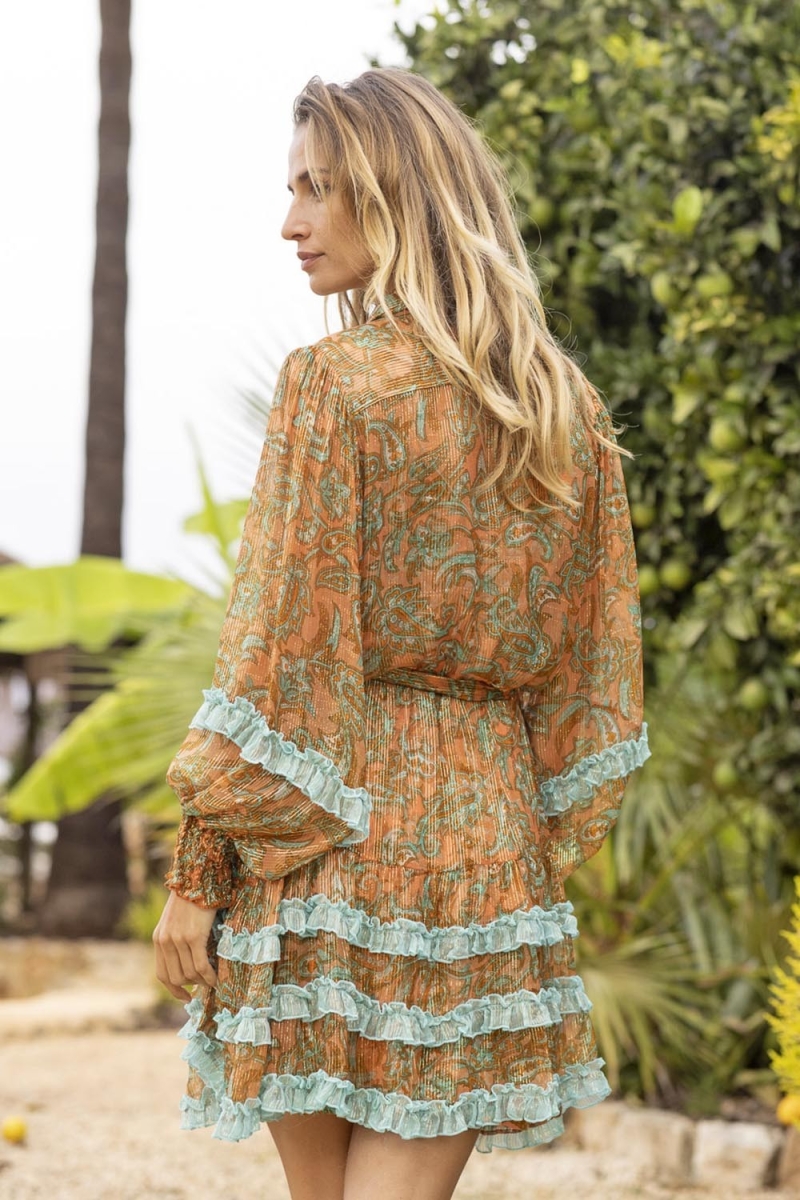 Kurzes Kleid Agua - Orange/Aqua - Lange Ärmel - Passender Gürtel - Boho-Stil - Miss June Paris - 4