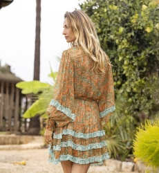 Vestido Curto Agua - Laranja/Aqua - Mangas Longas - Cinto a Condizer - Estilo Boho - Miss June Paris - 5