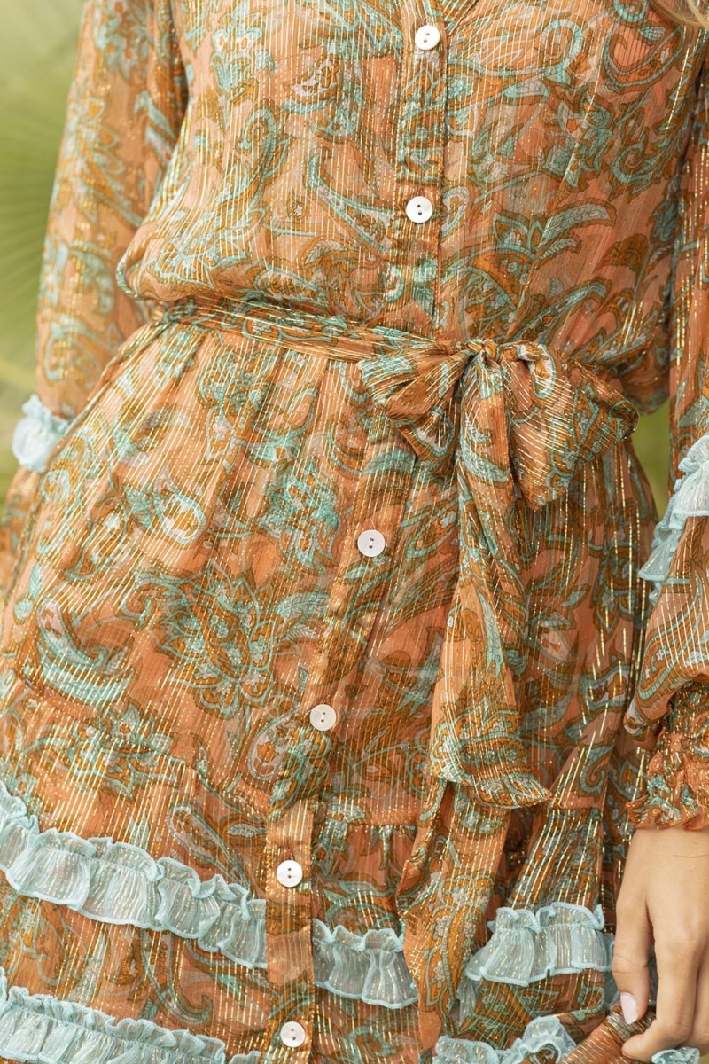 Kurzes Kleid Agua - Orange/Aqua - Lange Ärmel - Passender Gürtel - Boho-Stil - Miss June Paris - 3