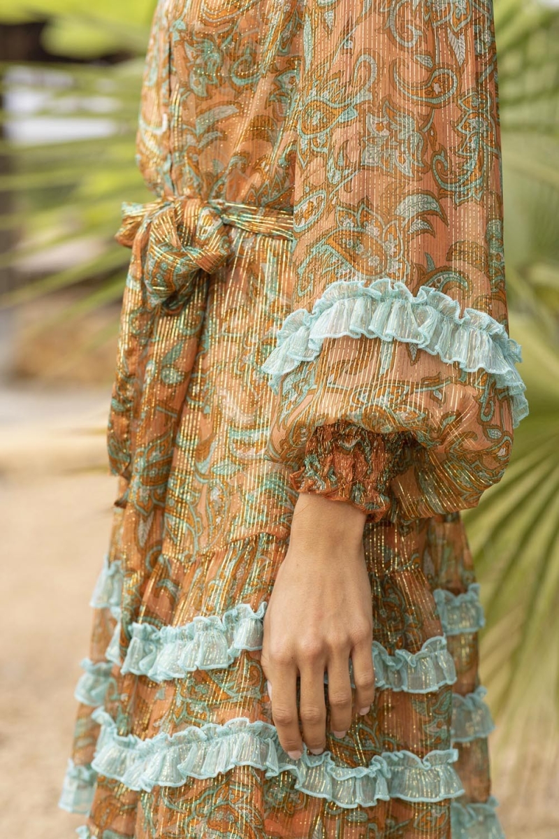 Kurzes Kleid Agua - Orange/Aqua - Lange Ärmel - Passender Gürtel - Boho-Stil - Miss June Paris - 2