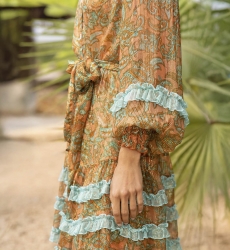 Vestido Corto Agua - Naranja/Aqua - Mangas Largas - Cinturón a Juego - Estilo Boho - Miss June Paris - 2