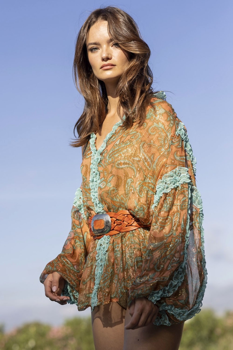 Blusa Romeo - Arancione/Azzurro - Maniche Lunghe - Dettagli Dorati - Piccole Balze - Stile Boho - Miss June Paris - 1