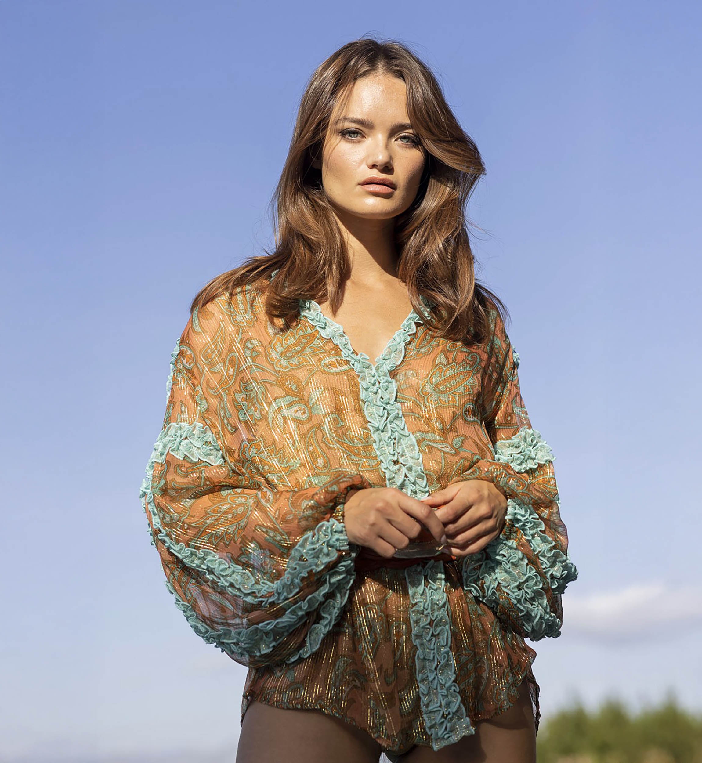 Bluse Romeo - Orange/Aqua - Lange Ärmel - Goldene Details - Kleine Rüschen - Boho-Stil - Miss June Paris - 3