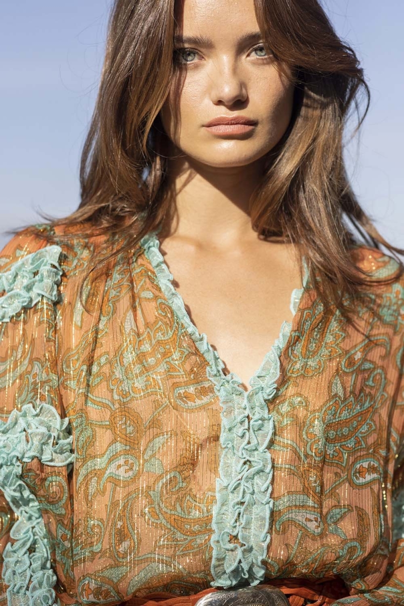 Blusa Romeo - Arancione/Azzurro - Maniche Lunghe - Dettagli Dorati - Piccole Balze - Stile Boho - Miss June Paris - 4