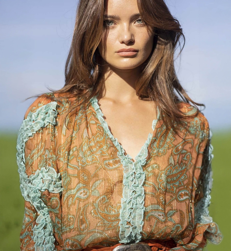 Romeo Blouse - Orange/Aqua - Long Sleeves - Golden Details - Small Ruffles - Boho Style - Miss June Paris - 4