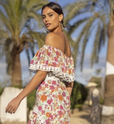 Abito Lungo Rayan - Stampa Floreale e Colorata - Spalle Scoperte - Ricamo Bianco - Boho - Miss June Paris - 4