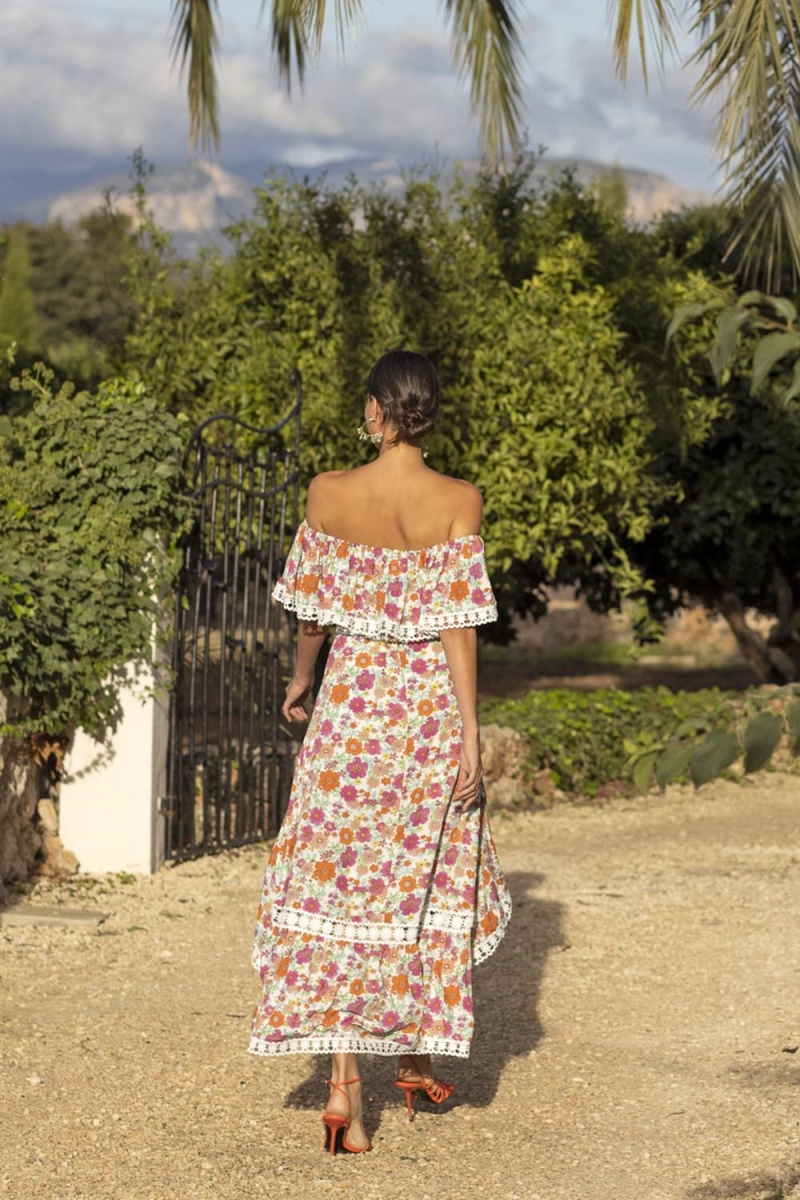 Abito Lungo Rayan - Stampa Floreale e Colorata - Spalle Scoperte - Ricamo Bianco - Boho - Miss June Paris - 5