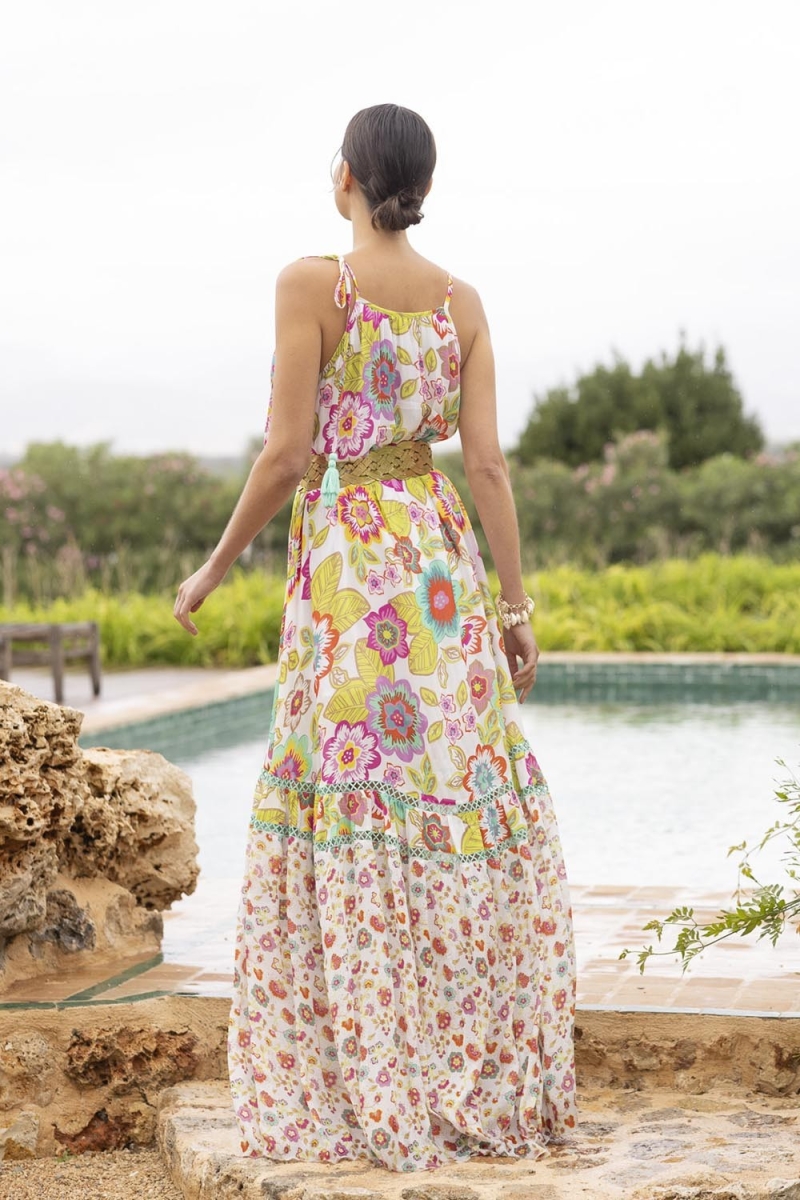 Vestido longo ASTOR: branco - floral boho - alças finas - Miss June Paris - 3