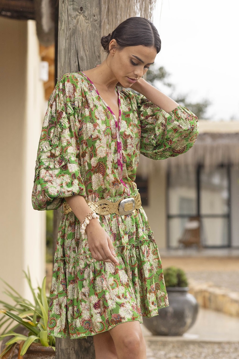 Vestido curto YUMI - floral verde - estampa brilhante lurex - manga longa - Miss June Paris - 2