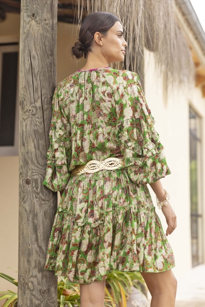long sleeve floral green short dress YUMI - Miss June