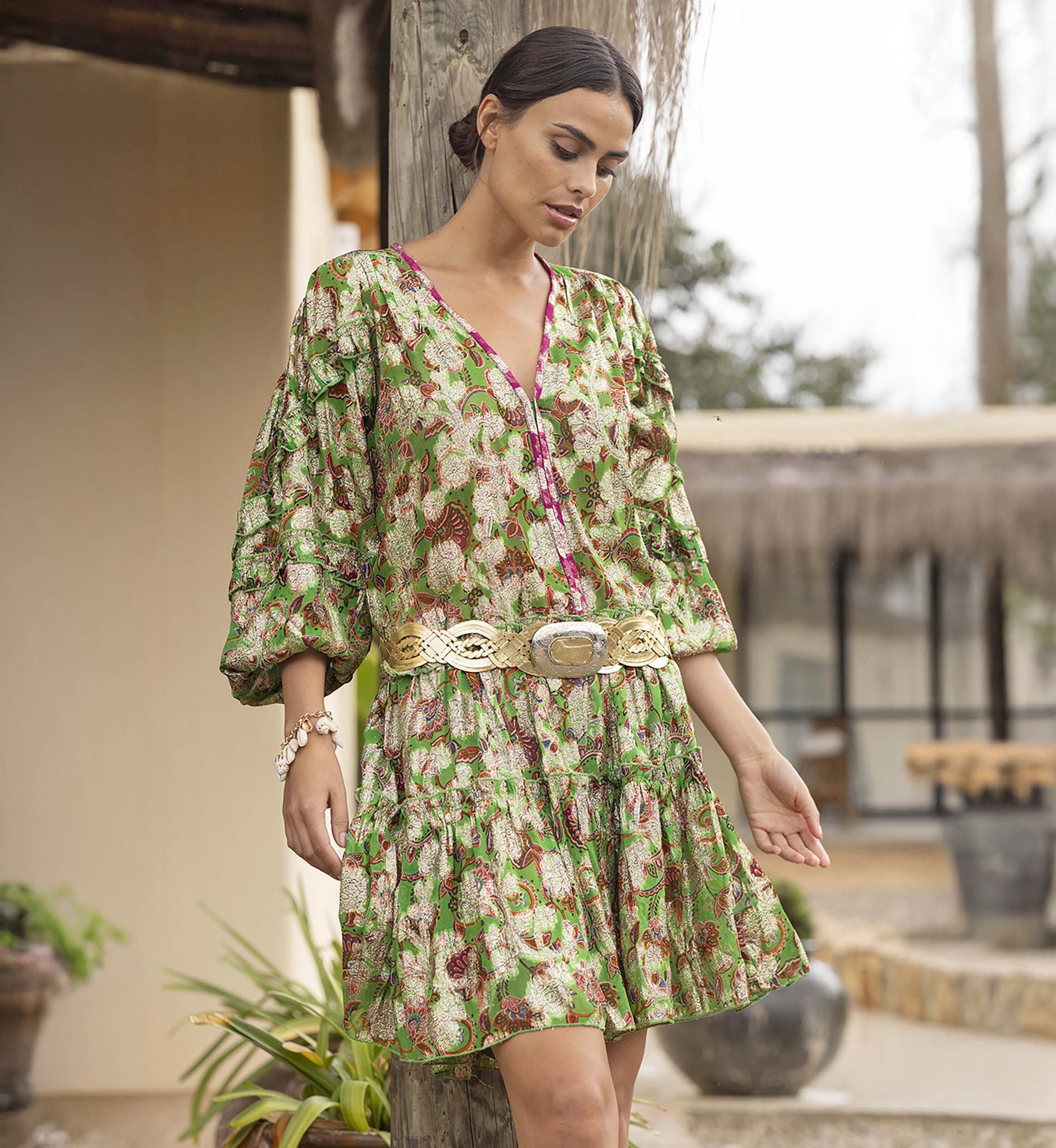 Short dress YUMI - green floral - shiny lurex print - long sleeve - Miss June Paris - 1