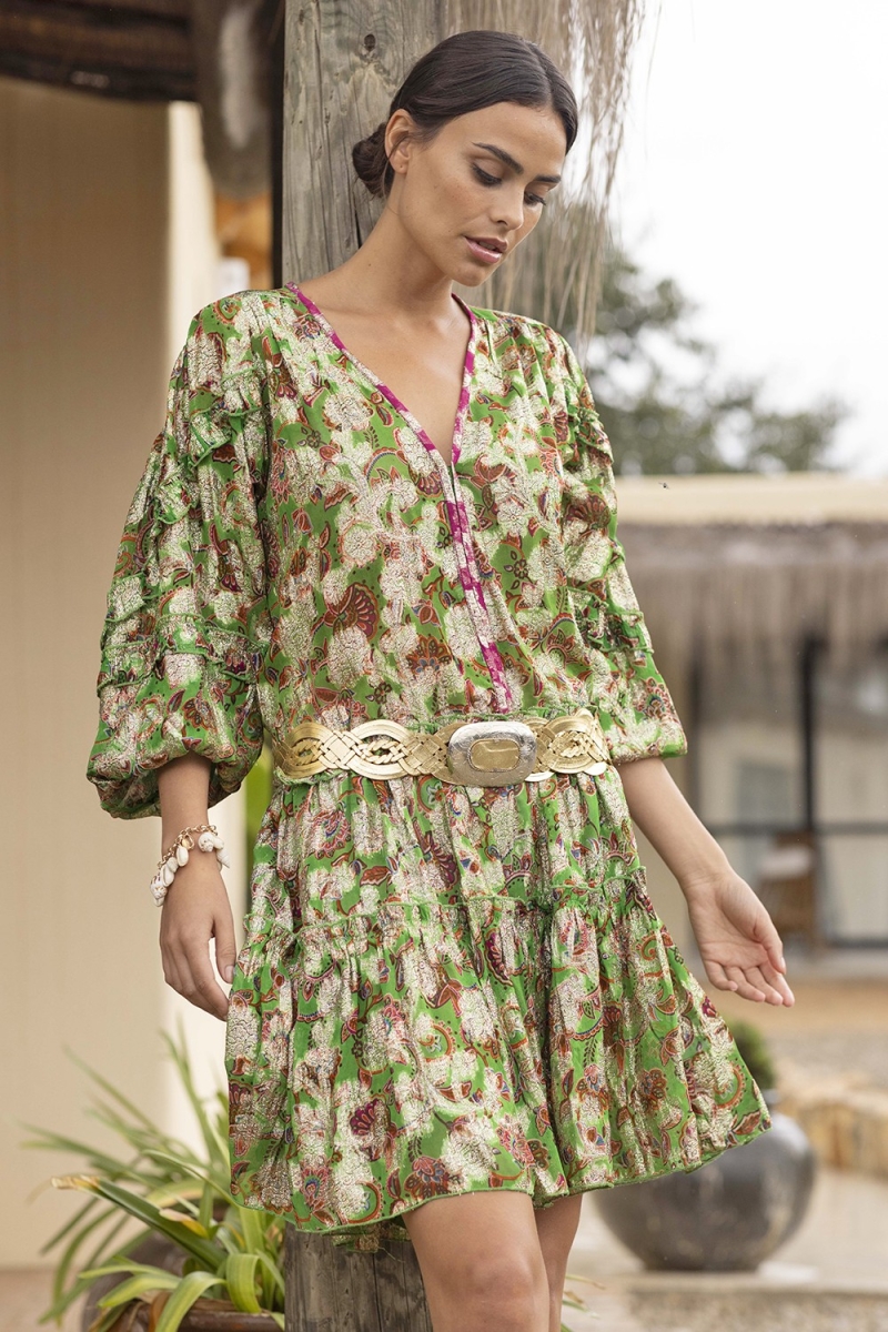Vestido corto YUMI - floral verde - estampado brillante lurex - manga larga - Miss June Paris - 1