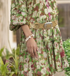 Robe courte YUMI - fleurie verte - imprimé brillant lurex - manche longue - Miss June Paris - 4