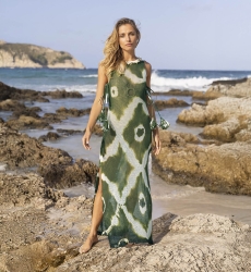 Robe Longue Goya - kaki - robe en crochet- plastron décoré - sequins dorés - col rond - Miss June Paris - 1