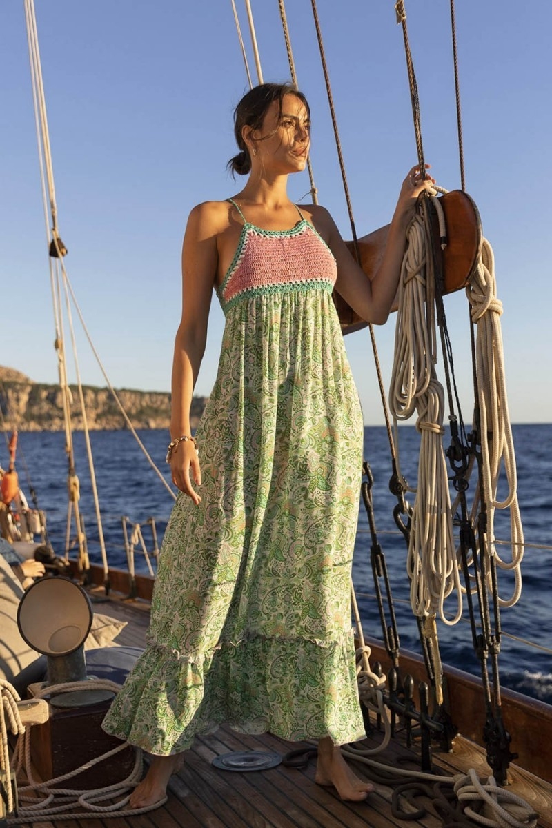 Robe Longue Sorbet - verte - haut rose en crochet - bretelles fines - imprimé fleuri - boho - Miss June Paris - 2