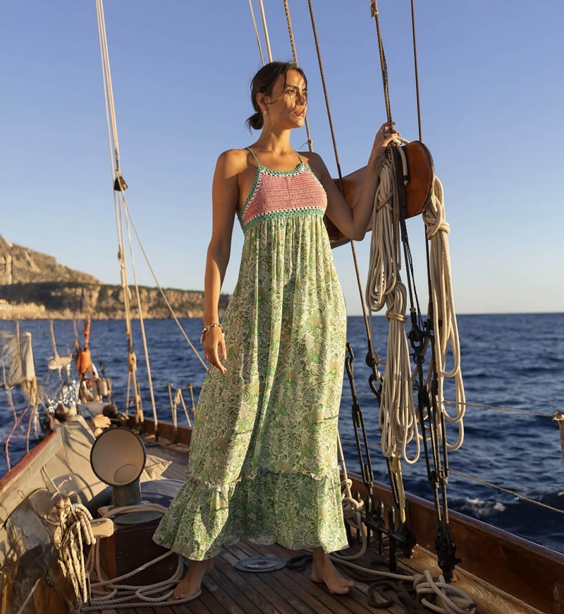 Vestido Largo Sorbet - Verde - Top de Ganchillo Rosa - Tirantes Finos - Estampado Floral - Boho - Miss June Paris - 2