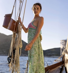 Robe Longue Sorbet - verte - haut rose en crochet - bretelles fines - imprimé fleuri - boho - Miss June Paris - 3