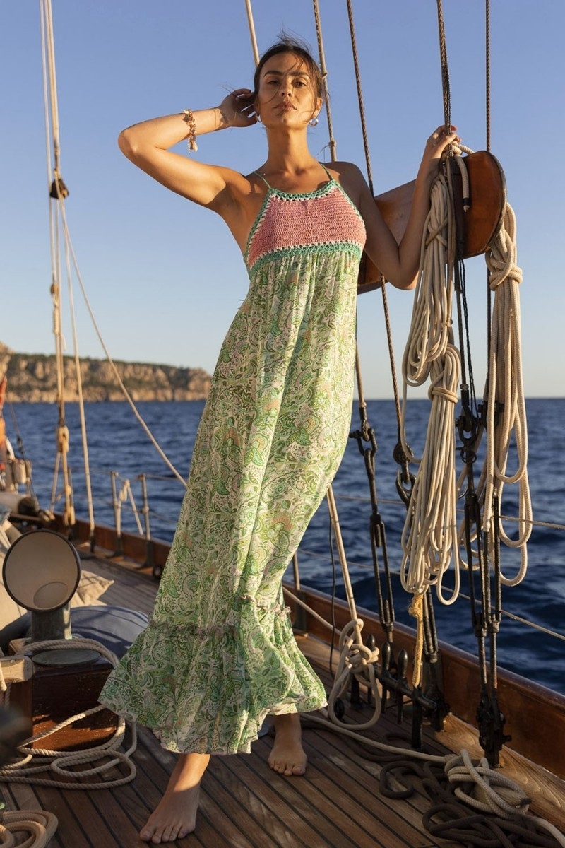 Robe Longue Sorbet - verte - haut rose en crochet - bretelles fines - imprimé fleuri - boho - Miss June Paris - 1