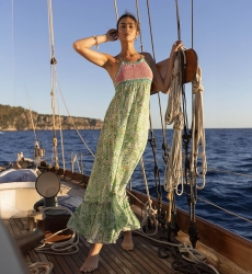 Robe Longue Sorbet - verte - haut rose en crochet - bretelles fines - imprimé fleuri - boho - Miss June Paris - 1