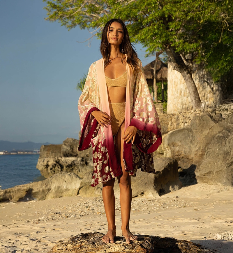 Kimono Court Leny - pêche/bordeaux - détails dorés - lurex - bohème - Miss June Paris - 3