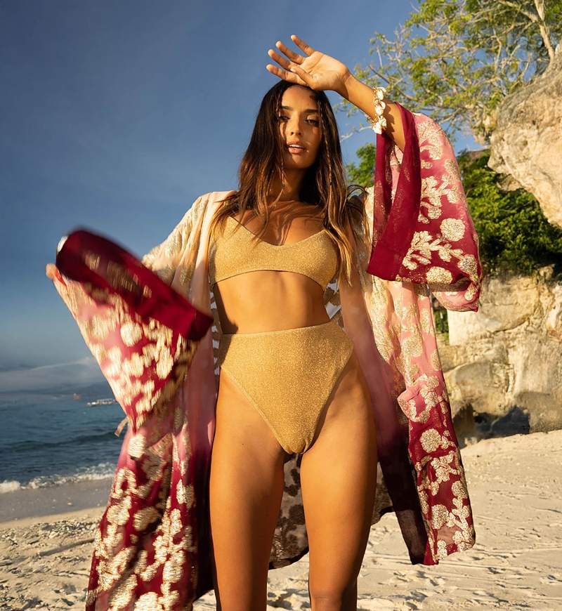 Kimono Corto Leny – melocotón/burdeos – detalles dorados – lurex – bohemio – Miss June Paris – 2