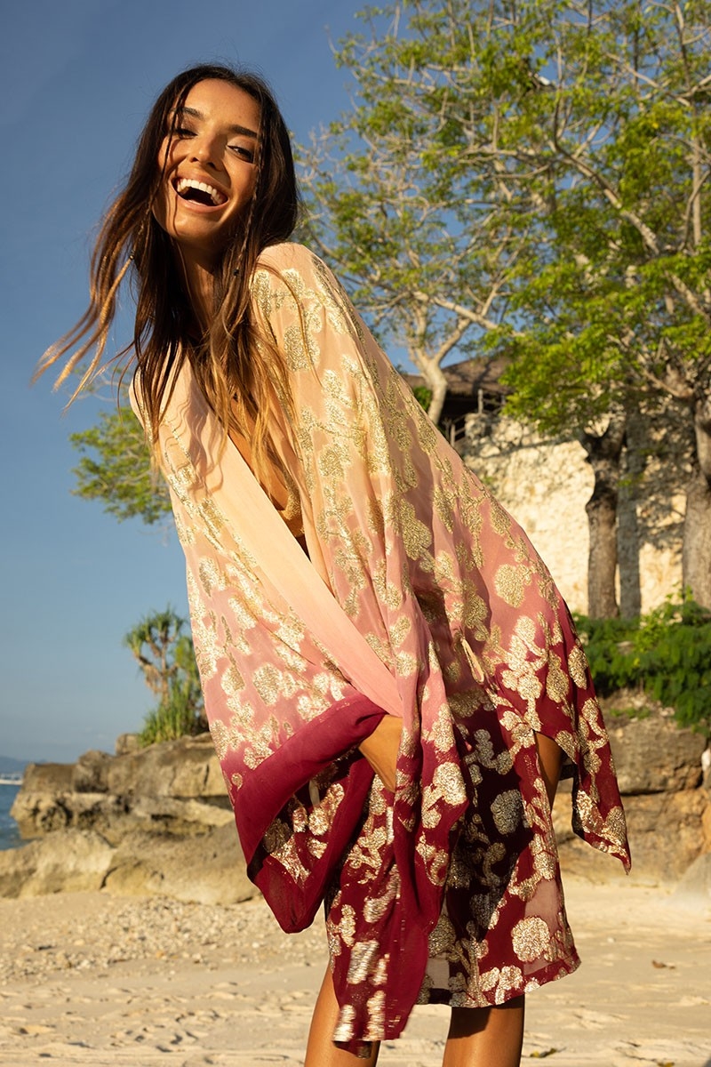 Kurzer Kimono Leny – pfirsich/burgunderrot – goldene Details – Lurex – boho – Miss June Paris – 1