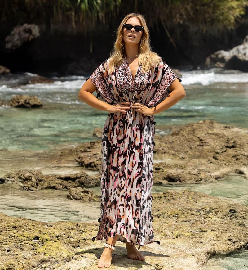 Caftan Long Roberta - multicouleur - manche courte - col V - style boho - Miss June Paris - 1