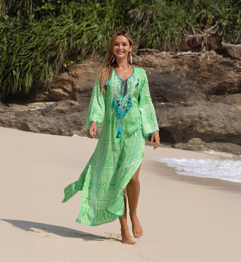 Abito Lungo Jorja - verde - pettorina decorata - maniche lunghe - bohémien - Miss June Paris - 1