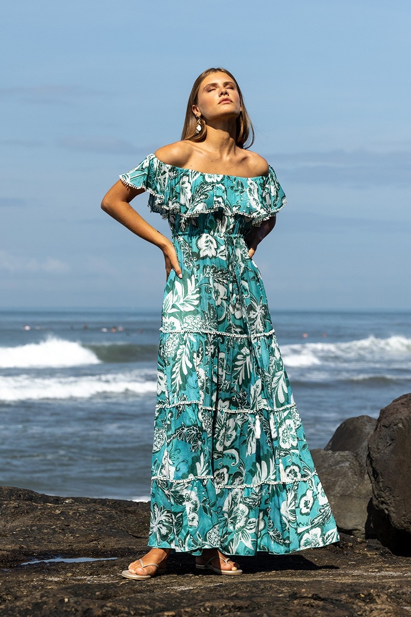 Vestido Longo Erica - verde/azul - estampa floral - estilo boêmio - ombros à mostra - Miss June Paris - 1