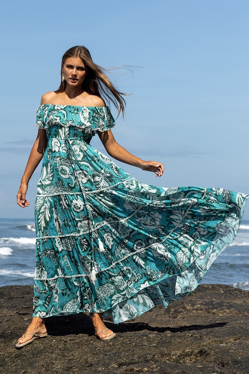 Robe Longue Erica - vert/bleu - imprimé fleuri - style bohème - épaules dénudées - Miss June Paris - 3