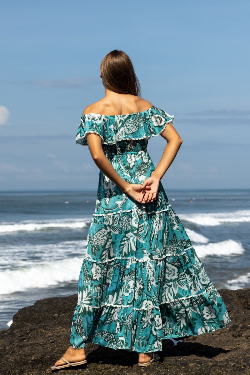 Vestido Longo Erica - verde/azul - estampa floral - estilo boêmio - ombros à mostra - Miss June Paris - 4