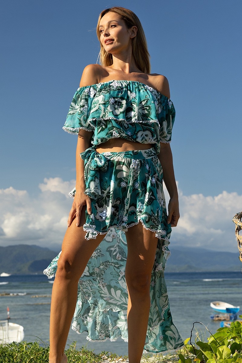 Saia Assimétrica Izzy – verde – estampa floral branca – estilo boêmio – Miss June Paris – 4