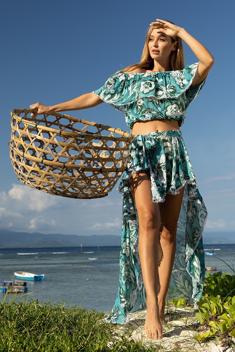 Gonna Asimmetrica Izzy – verde – stampa floreale bianca – stile boho – Miss June Paris – 1