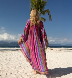 Rosalia Long Caftan - Multicolored Stripes - Decorated Plastron - Long Sleeves - Boho Chic Style - Miss June Paris - 3
