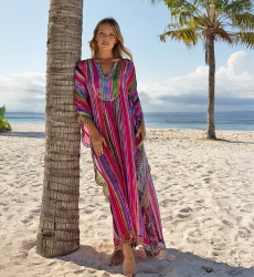 Rosalia Long Caftan - Multicolored Stripes - Decorated Plastron - Long Sleeves - Boho Chic Style - Miss June Paris - 2