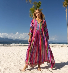 Rosalia Long Caftan - Multicolored Stripes - Decorated Plastron - Long Sleeves - Boho Chic Style - Miss June Paris - 1