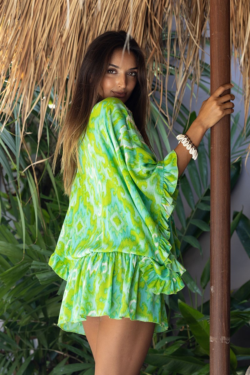 Mavis Mini Dress - Green - Long Sleeves - Decorated Plastron - Golden Details - Bohemian - Miss June Paris - 4