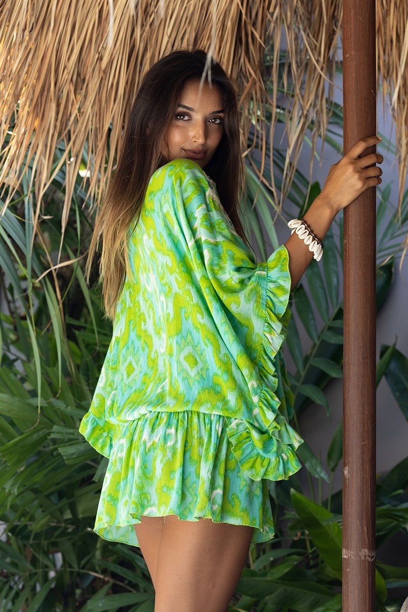 mini robe MAVIS - verte - manche longue - plastron decoré - details dorés - boheme  - Miss June Paris - 4