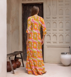 Marga Long Dress - orange - Decorated Plastron - Golden Details - Bohemian - Miss June Paris - 3