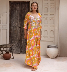 Marga Long Dress - orange - Decorated Plastron - Golden Details - Bohemian - Miss June Paris - 4