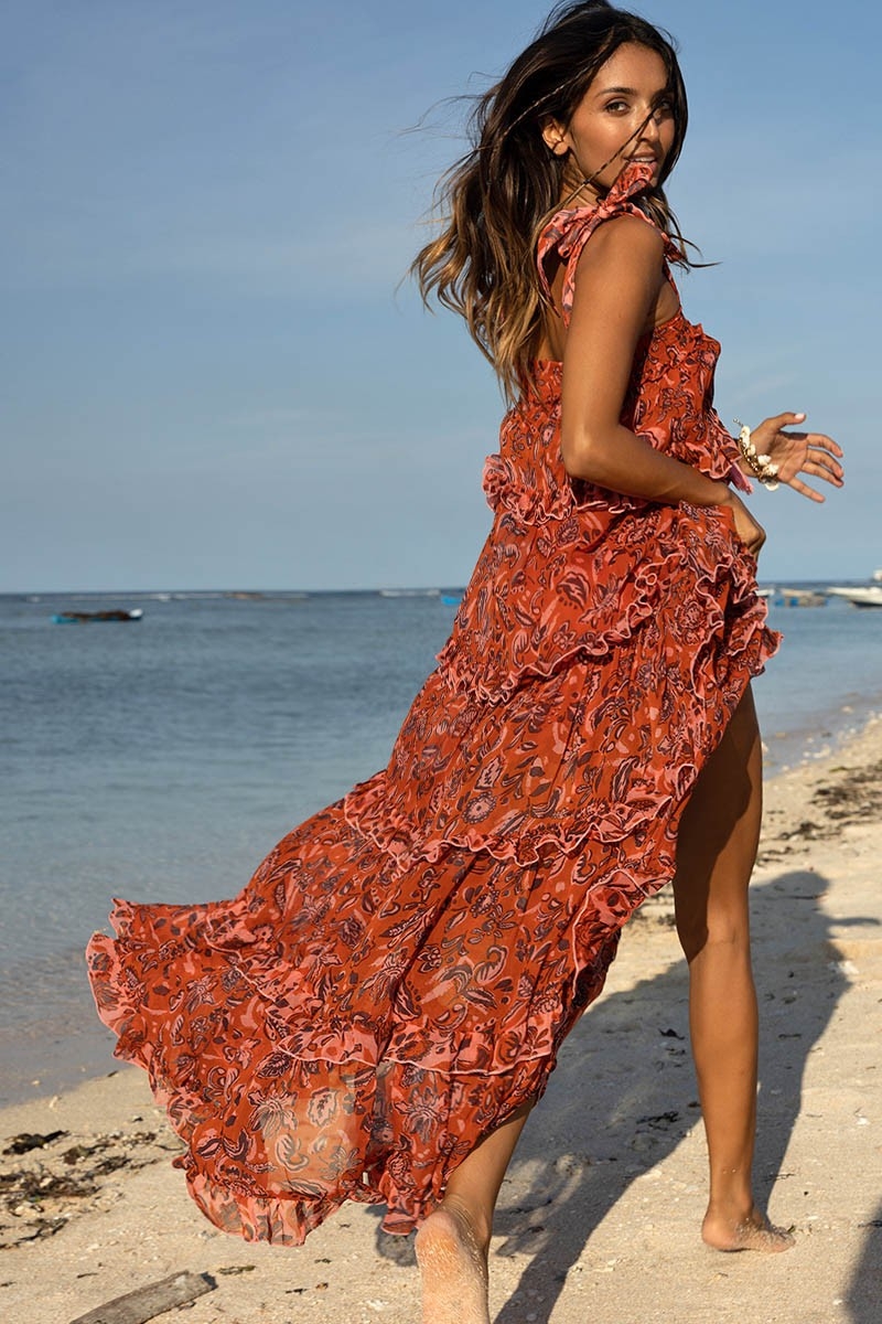 Vestido Largo Vanessa - Naranja - Motivo Floral - Tirantes Ajustables - Pequeños Volantes - Boho Chic - Miss June Paris - 3