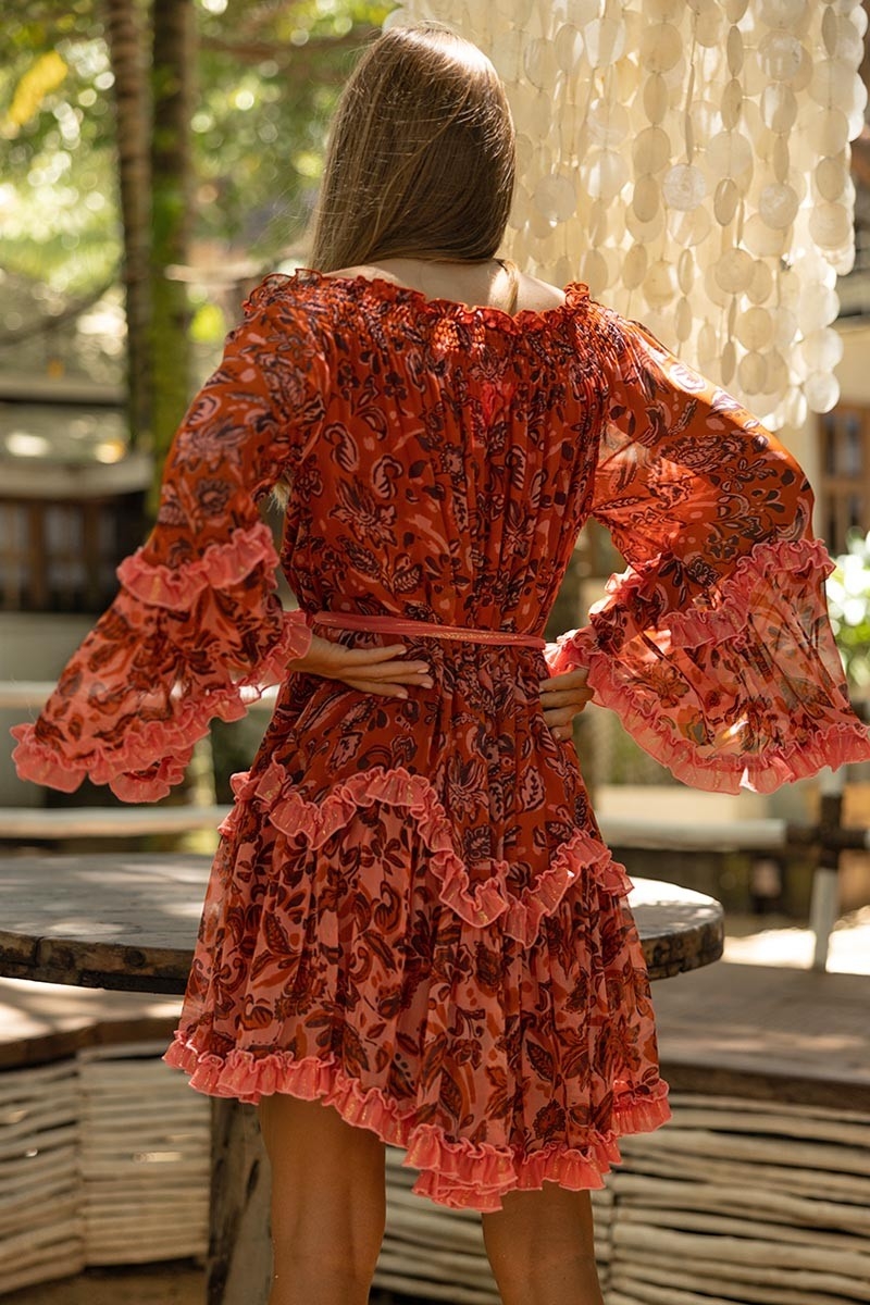 Kurzes Kleid Melissa - orange - Blumenmuster - lange Ärmel - schulterfrei - boho - Miss June Paris - 3