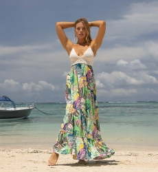 Robe Longue Mencia - multicouleure - haut en crochet- bretelles fines -décolleté en V - bohème - Miss June Paris - 1