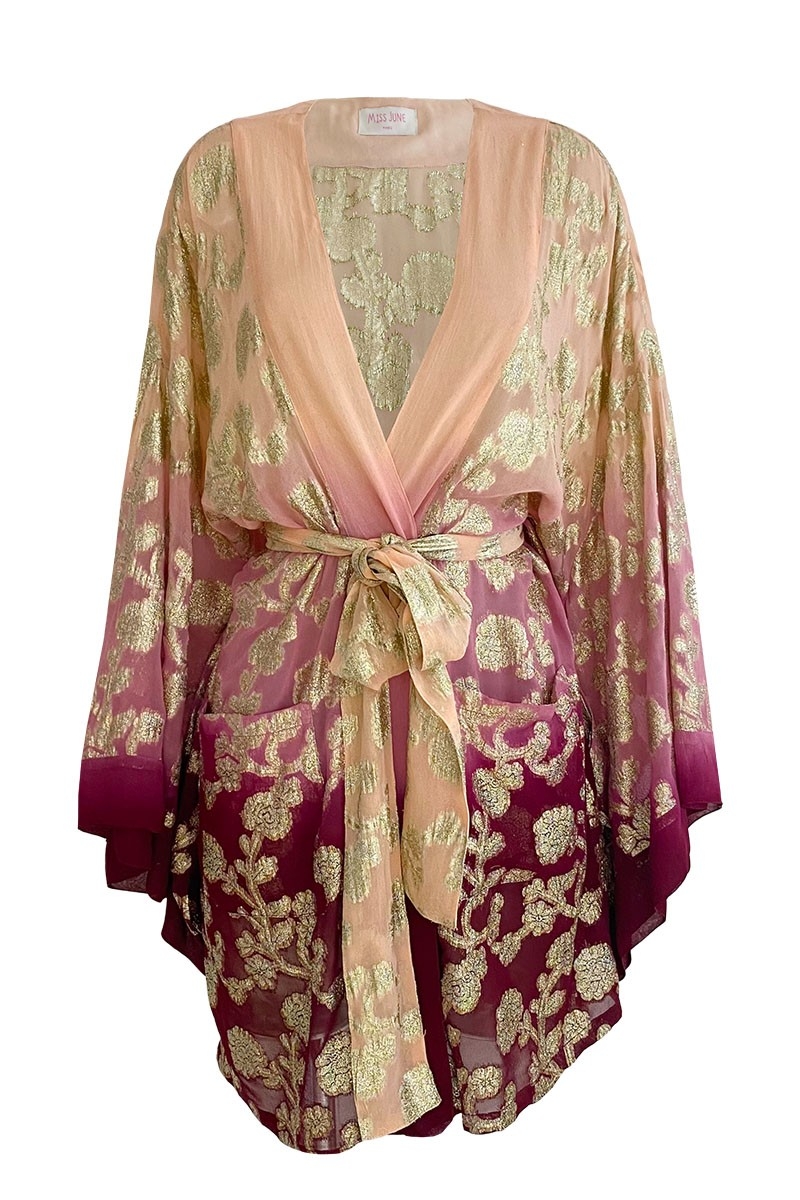 Kurzer Kimono Leny – pfirsich/burgunderrot – goldene Details – Lurex – boho – Miss June Paris – 5