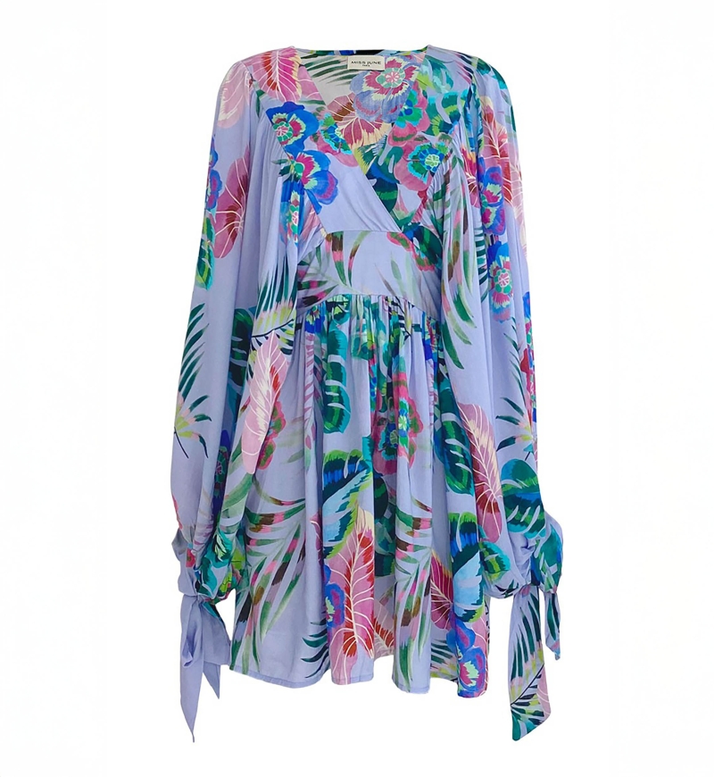 Robe Courte Falone - violet pastel - imprimé fleuri - manches longues - col V - Miss June Paris - 5