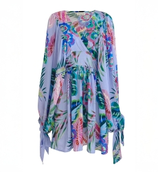 Short Dress Falone – pastel purple – floral print – long sleeves – V-neck – Miss June Paris – 5